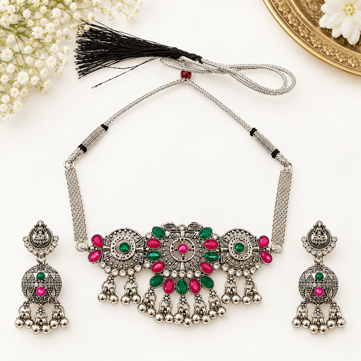 The99Jewel Vintage Inspired Oxidised Choker Necklace Set | Classic Traditional Jewellery for Festive Wear