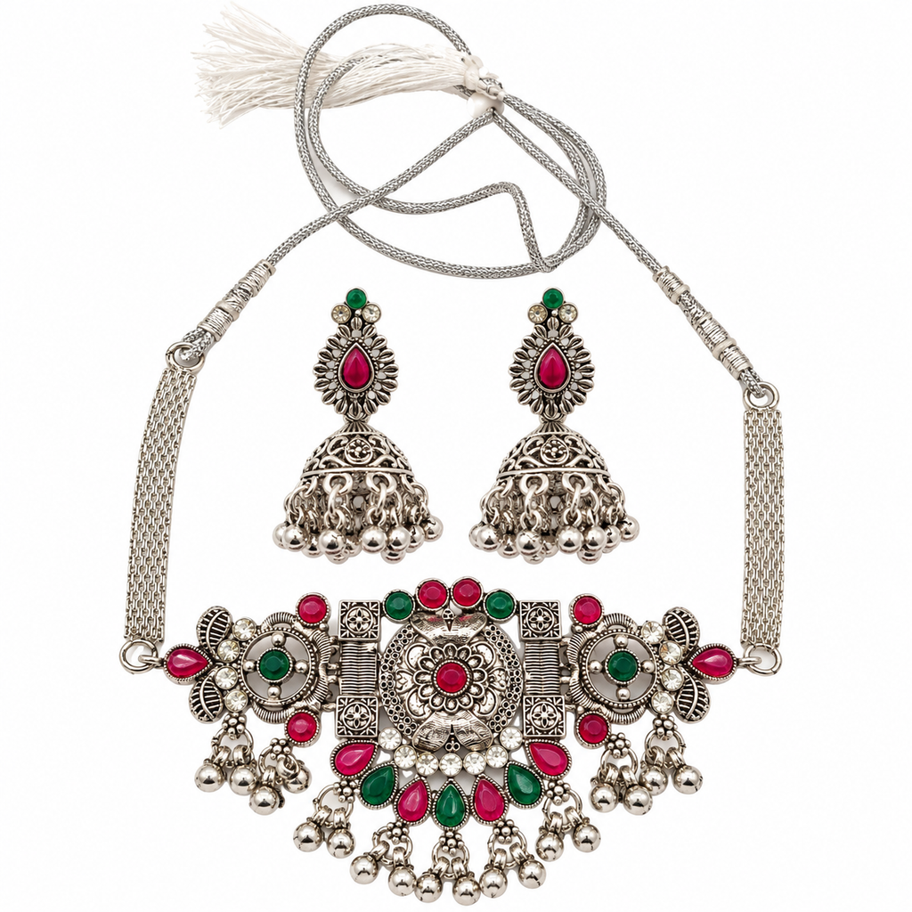 The99Jewel Vintage Inspired Oxidised Choker Necklace Set | Classic Traditional Jewellery for Festive Wear