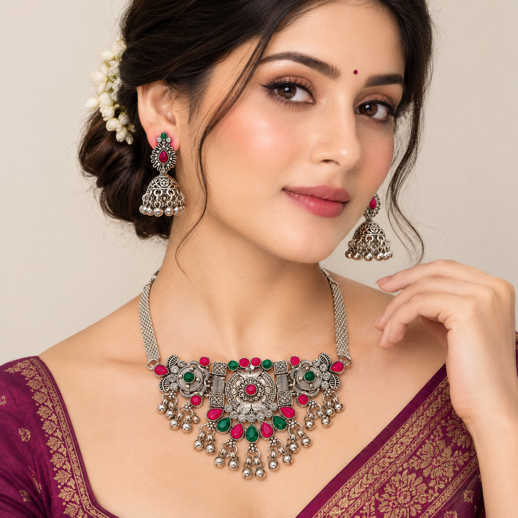 The99Jewel Vintage Inspired Oxidised Choker Necklace Set | Classic Traditional Jewellery for Festive Wear