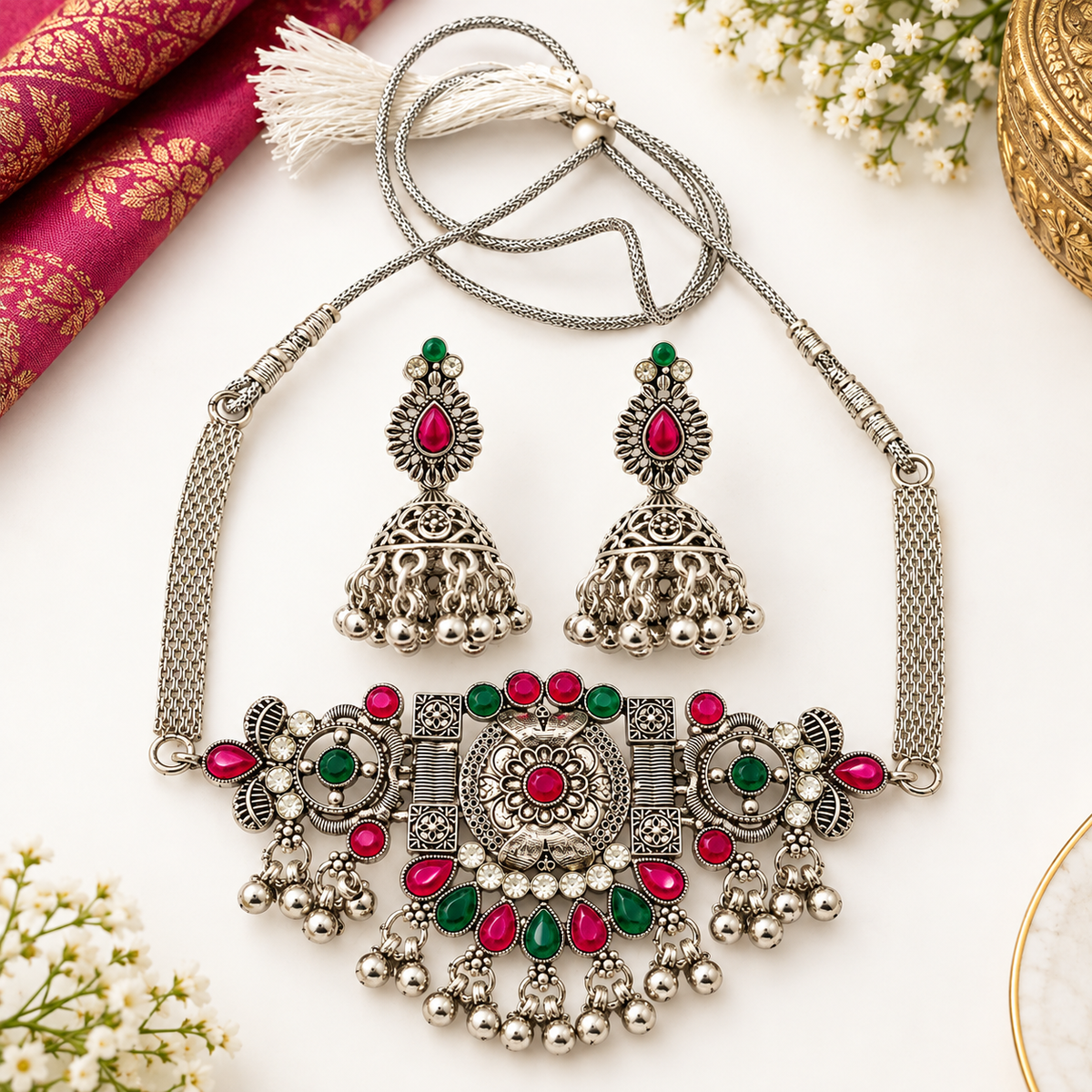 The99Jewel Vintage Inspired Oxidised Choker Necklace Set | Classic Traditional Jewellery for Festive Wear