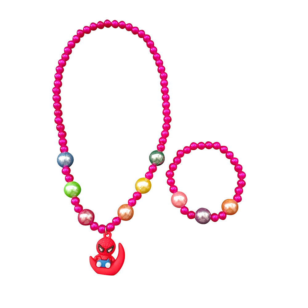 The99Jewel Cute Spiderman Charm Kids Necklace & Bracelet Set with Pearl Beads