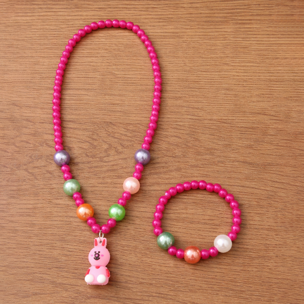 The99Jewel Cute Bunny Charm Kids Necklace & Bracelet Set with Pearl Beads