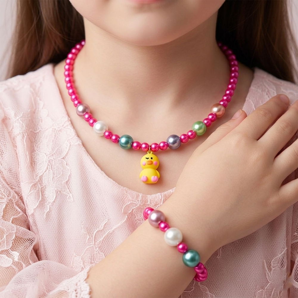 The99Jewel Cute Bunny Charm Kids Necklace & Bracelet Set with Pearl Beads