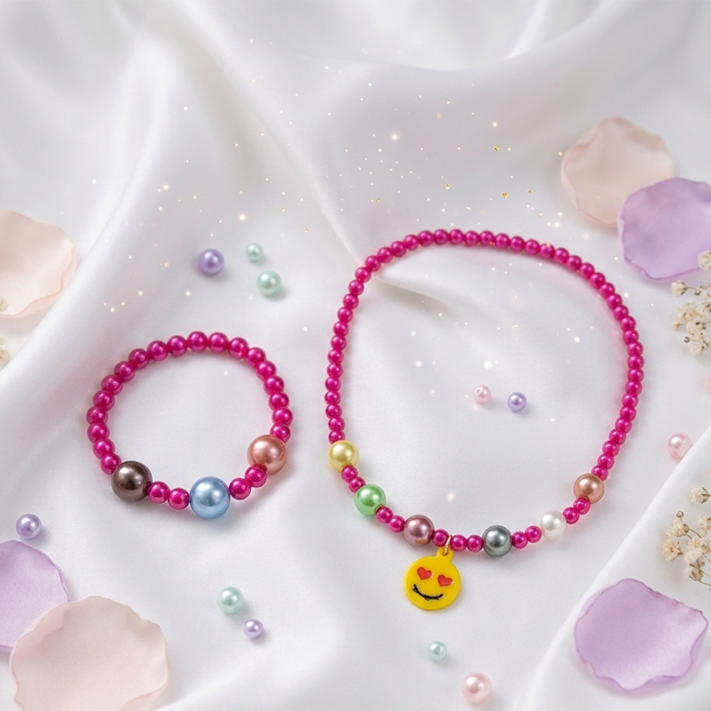 The99Jewel Cute Smile Charm Kids Necklace & Bracelet Set with Pearl Beads