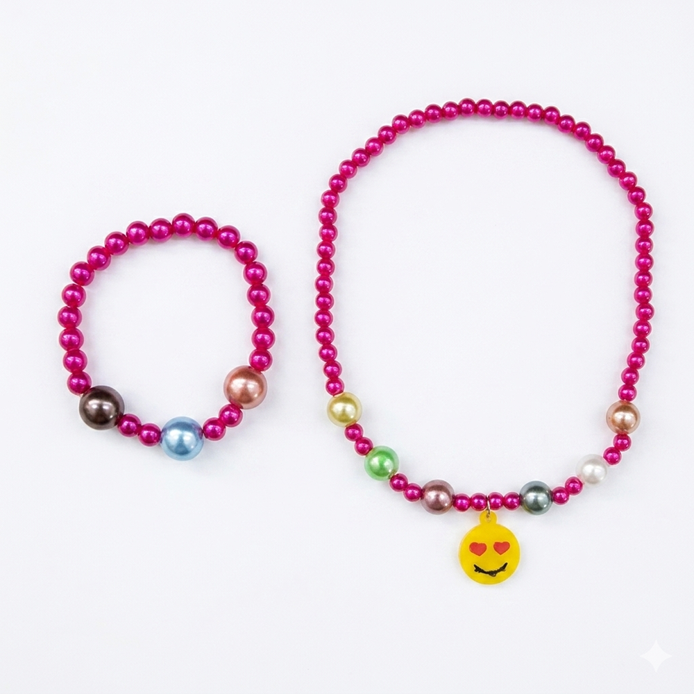 The99Jewel Cute Smile Charm Kids Necklace & Bracelet Set with Pearl Beads