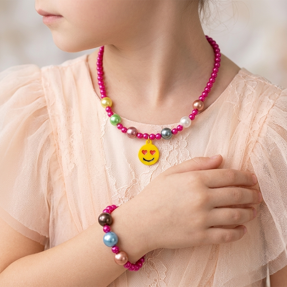 The99Jewel Cute Smile Charm Kids Necklace & Bracelet Set with Pearl Beads