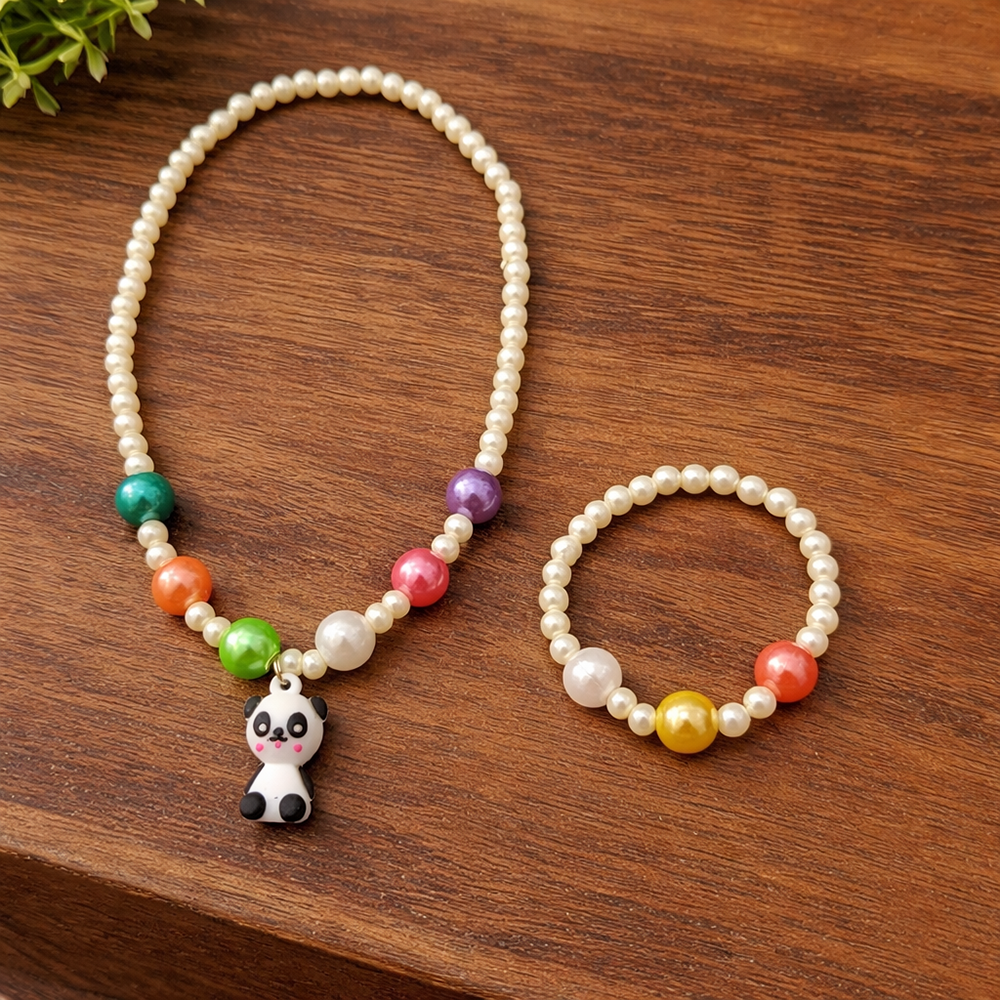 The99Jewel Cute Panda Charm Kids Necklace & Bracelet Set with Pearl Beads