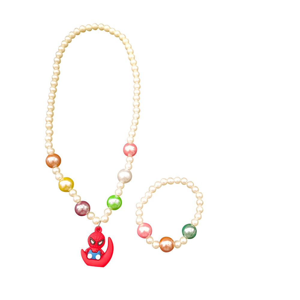The99Jewel Cute Spiderman Charm Kids Necklace & Bracelet Set with Pearl Beads