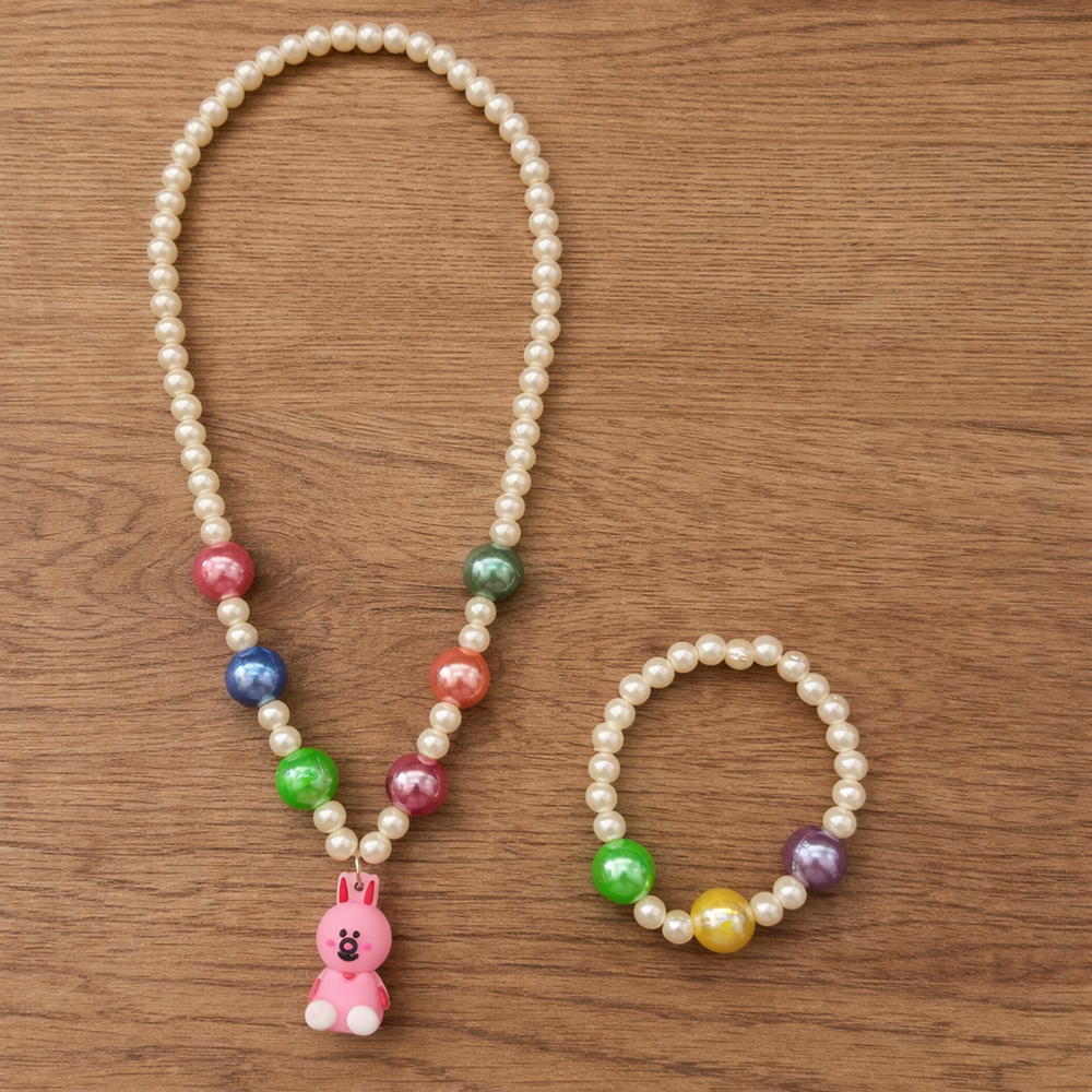 The99Jewel Cute Bunny Charm Kids Necklace & Bracelet Set with Pearl Beads