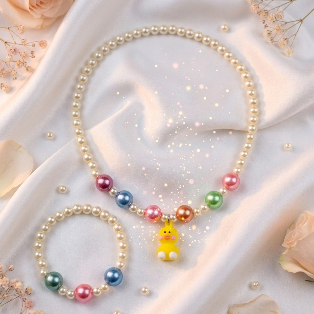 The99Jewel Cute Bunny Charm Kids Necklace & Bracelet Set with Pearl Beads