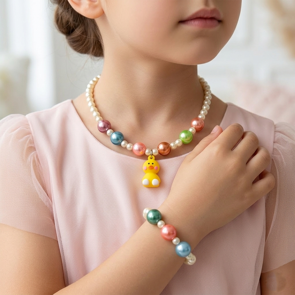 The99Jewel Cute Bunny Charm Kids Necklace & Bracelet Set with Pearl Beads