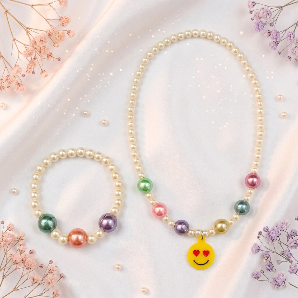 The99Jewel Cute Smile Charm Kids Necklace & Bracelet Set with Pearl Beads