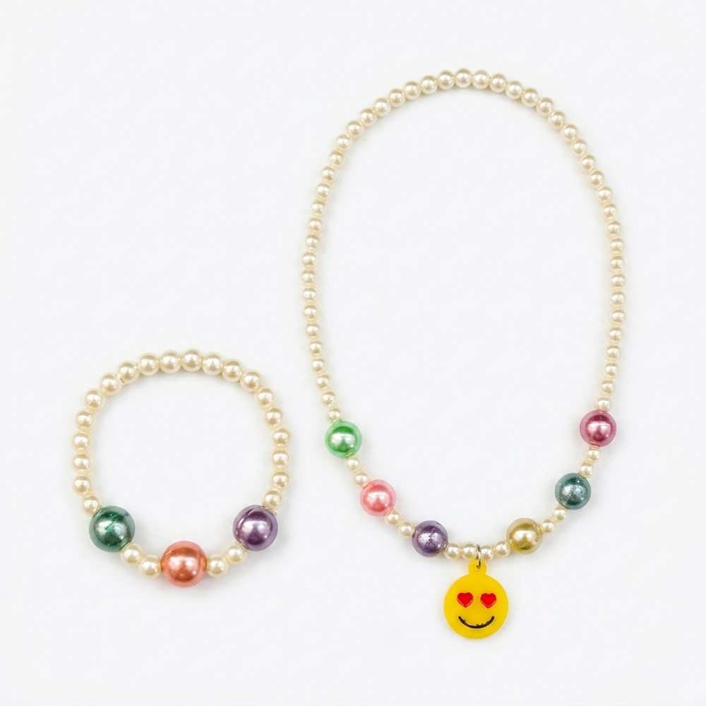 The99Jewel Cute Smile Charm Kids Necklace & Bracelet Set with Pearl Beads