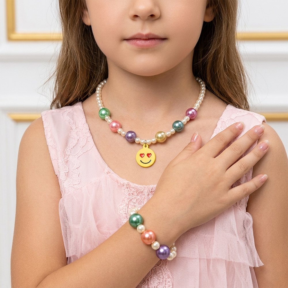 The99Jewel Cute Smile Charm Kids Necklace & Bracelet Set with Pearl Beads