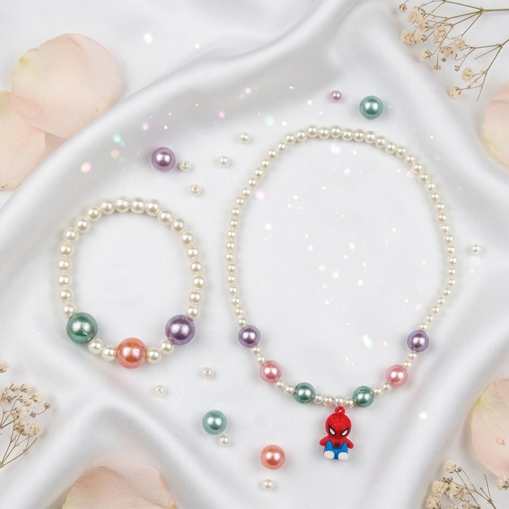 The99Jewel Cute Spiderman Charm Kids Necklace & Bracelet Set with Pearl Beads
