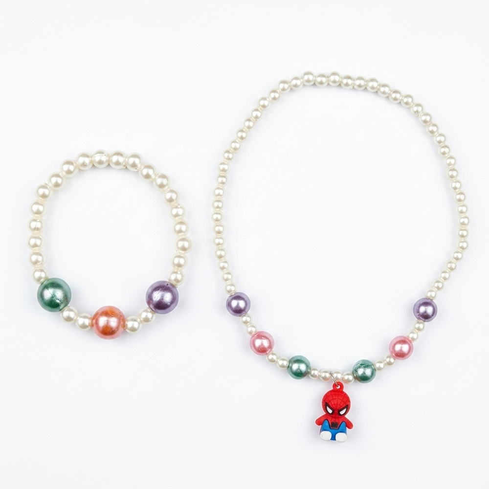 The99Jewel Cute Spiderman Charm Kids Necklace & Bracelet Set with Pearl Beads