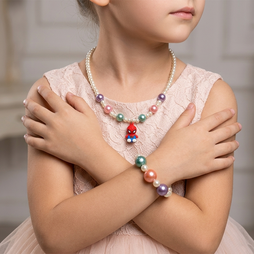 The99Jewel Cute Spiderman Charm Kids Necklace & Bracelet Set with Pearl Beads