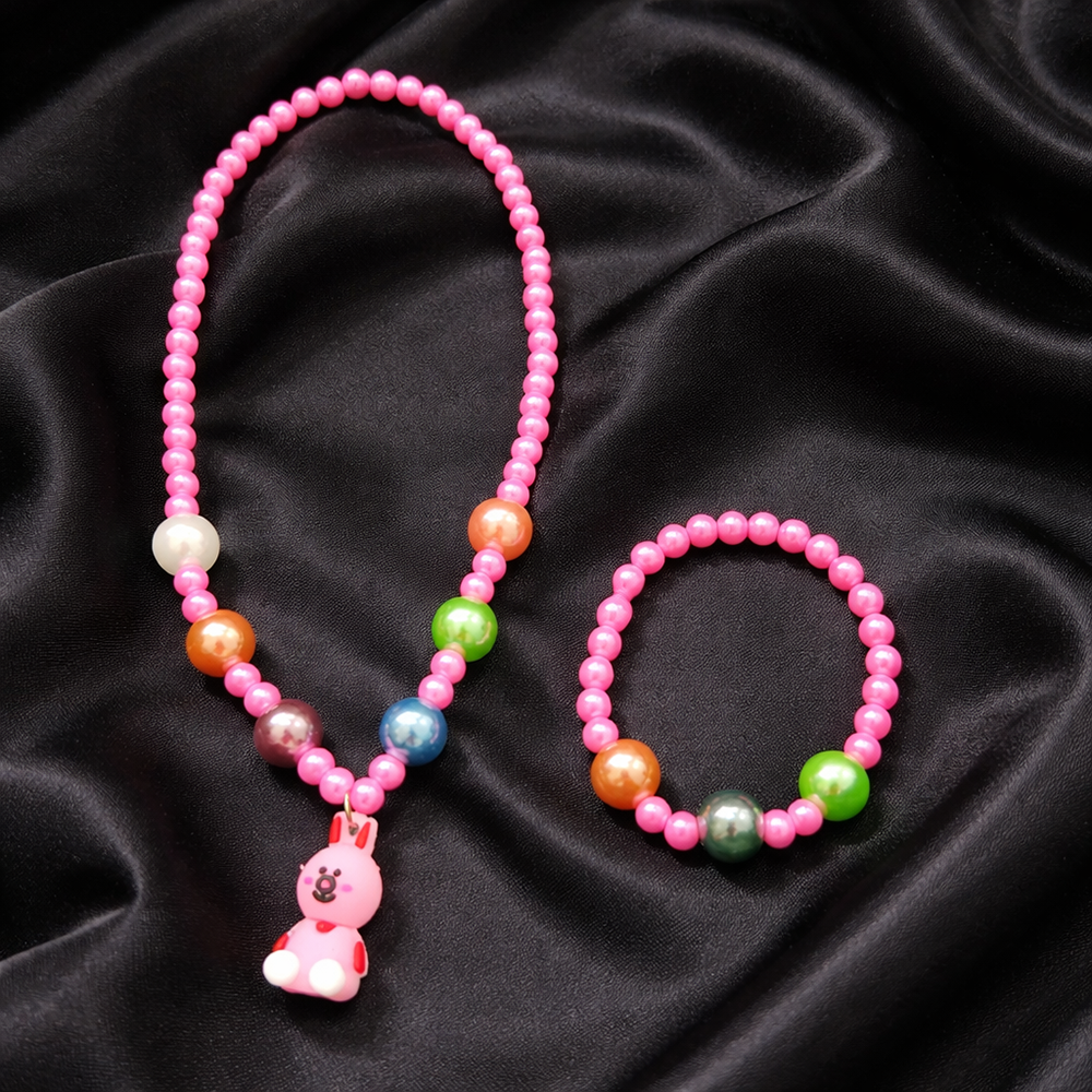 The99Jewel Cute Bunny Charm Kids Necklace & Bracelet Set with Pearl Beads