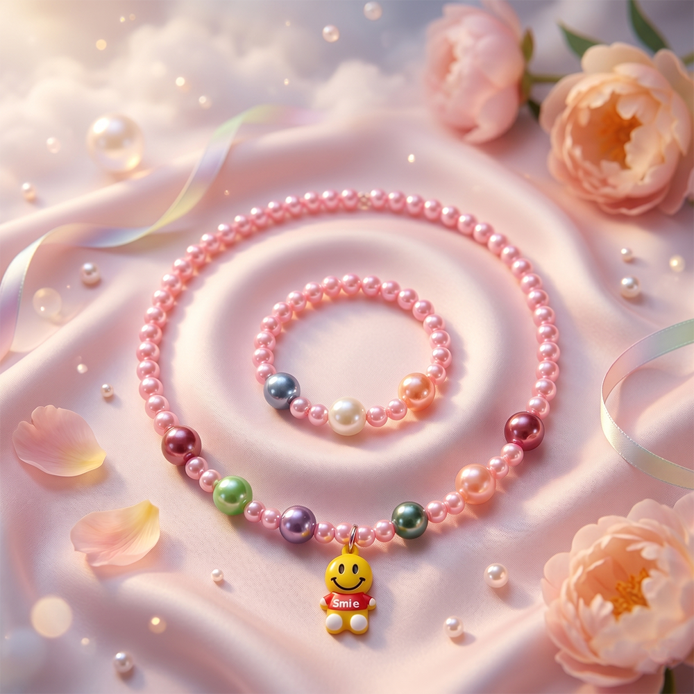 The99Jewel Cute Bunny Charm Kids Necklace & Bracelet Set with Pearl Beads