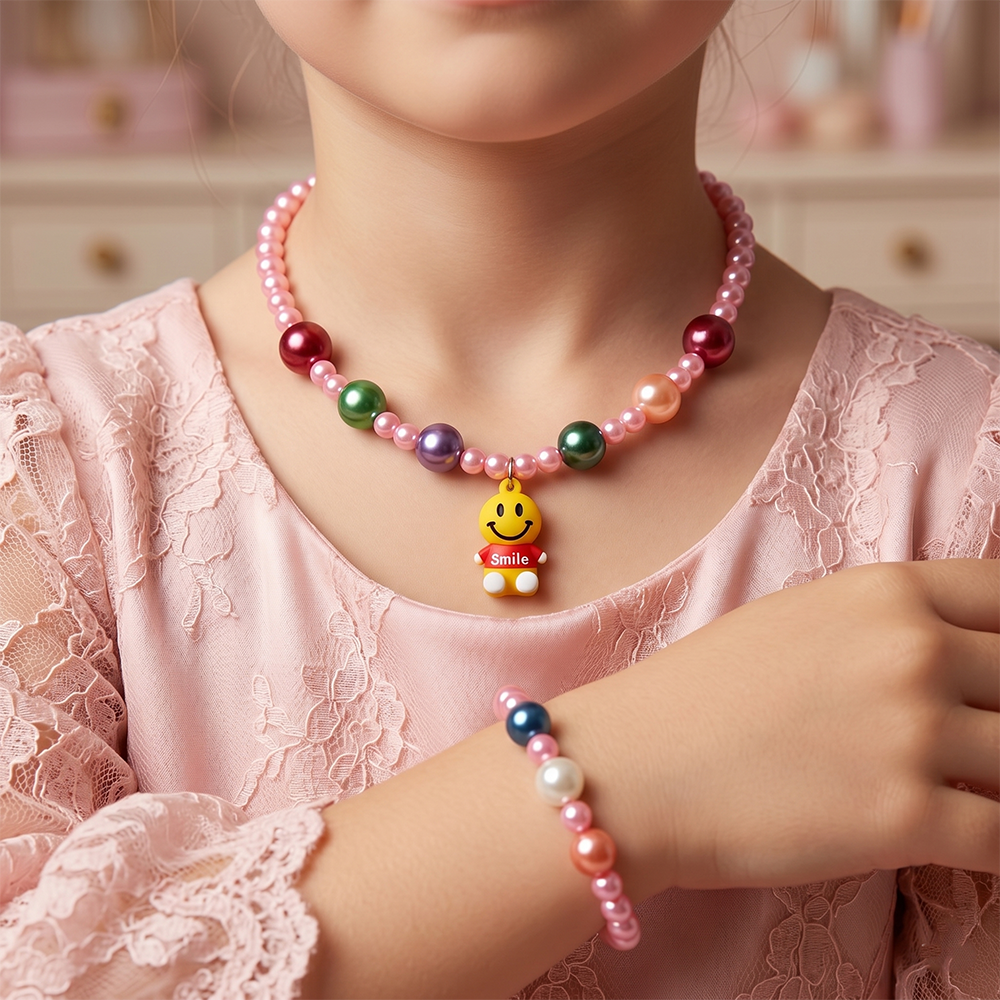 The99Jewel Cute Bunny Charm Kids Necklace & Bracelet Set with Pearl Beads