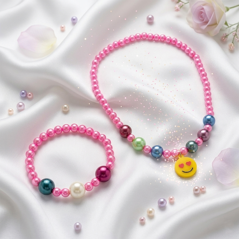 The99Jewel Cute Smile Charm Kids Necklace & Bracelet Set with Pearl Beads