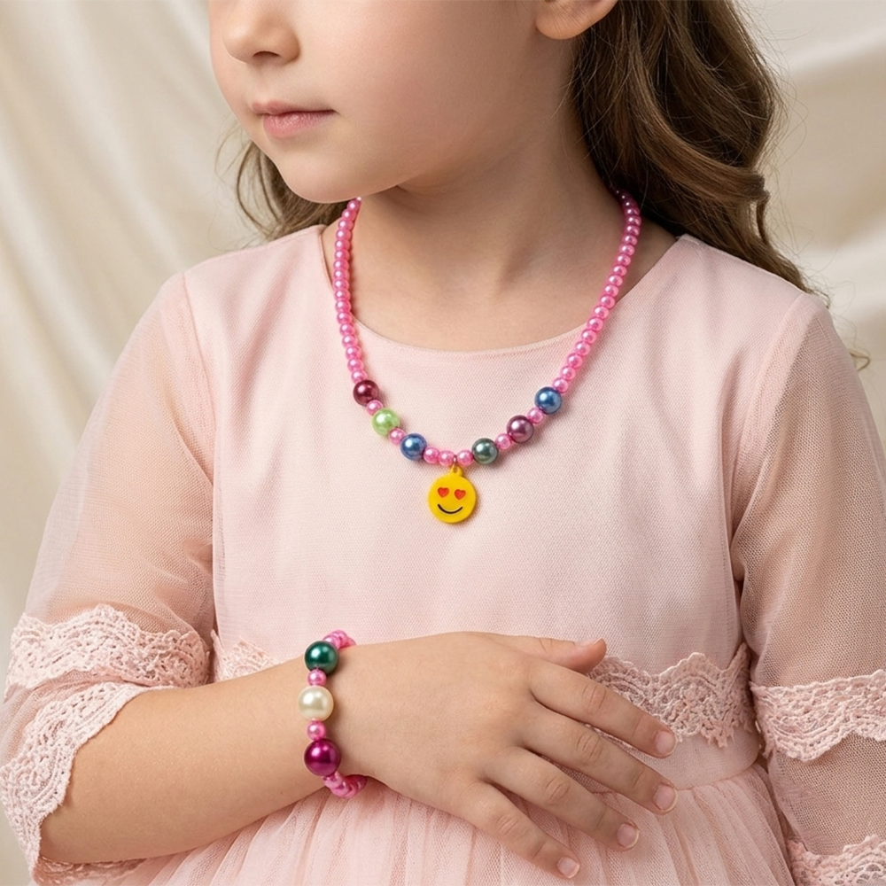 The99Jewel Cute Smile Charm Kids Necklace & Bracelet Set with Pearl Beads
