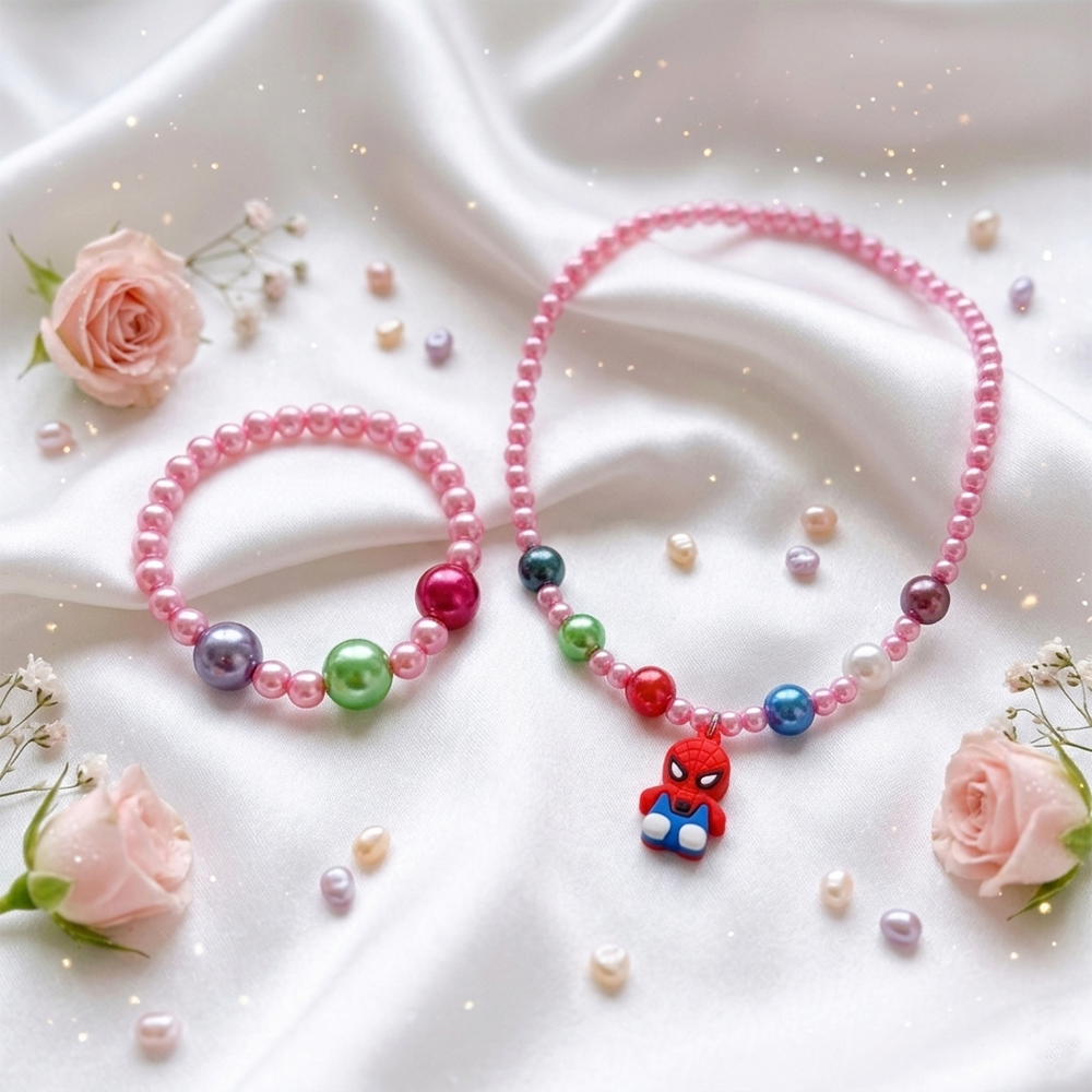 The99Jewel Cute Spiderman Charm Kids Necklace & Bracelet Set with Pearl Beads