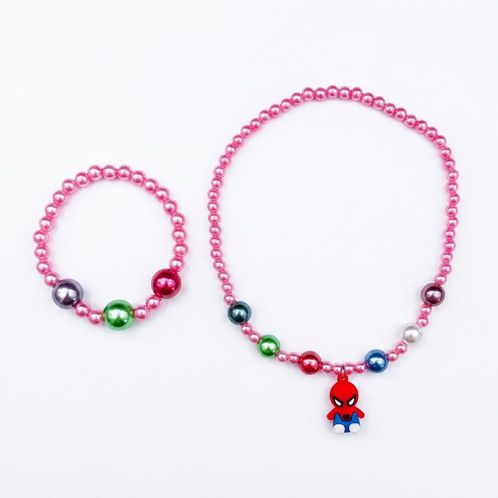 The99Jewel Cute Spiderman Charm Kids Necklace & Bracelet Set with Pearl Beads