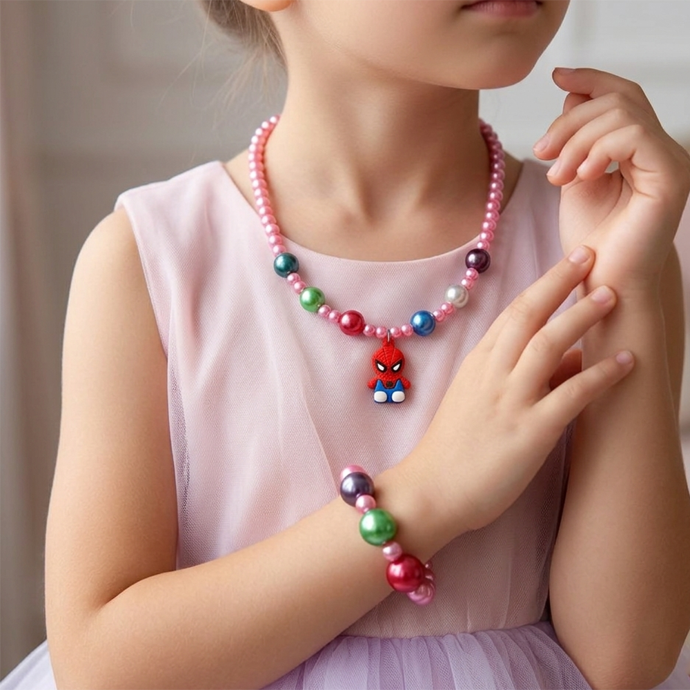 The99Jewel Cute Spiderman Charm Kids Necklace & Bracelet Set with Pearl Beads