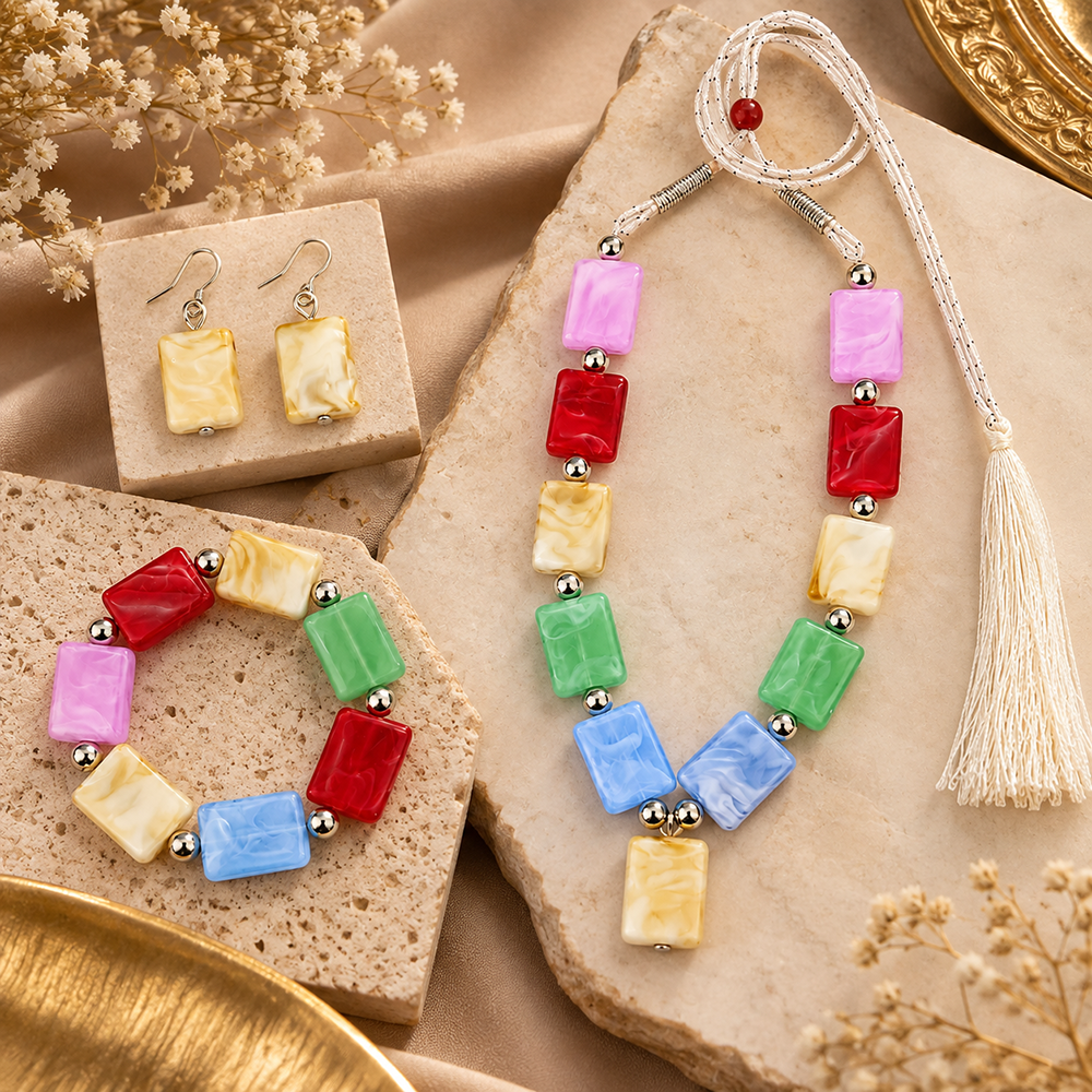 The99Jewel Multicolour Beaded Necklace Set with Matching Bracelet & Earrings for Girls & Kids