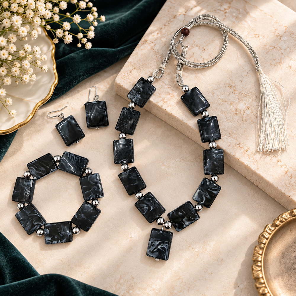 The99Jewel Black Beaded Necklace Set with Matching Bracelet & Earrings for Girls & Kids