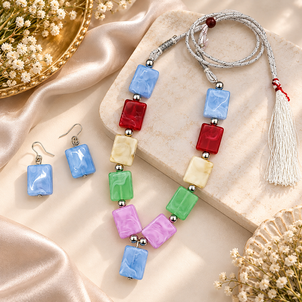 The99Jewel Multicolour Beaded Necklace Set with Matching Earrings for Girls & Kids