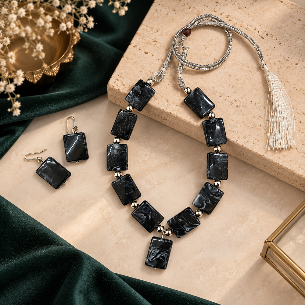 The99Jewel Black Beaded Necklace Set with Matching Earrings for Girls & Kids