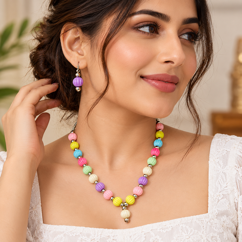 The99Jewel Multicolour Beaded Necklace Set with Matching Earrings for Girls & Kids