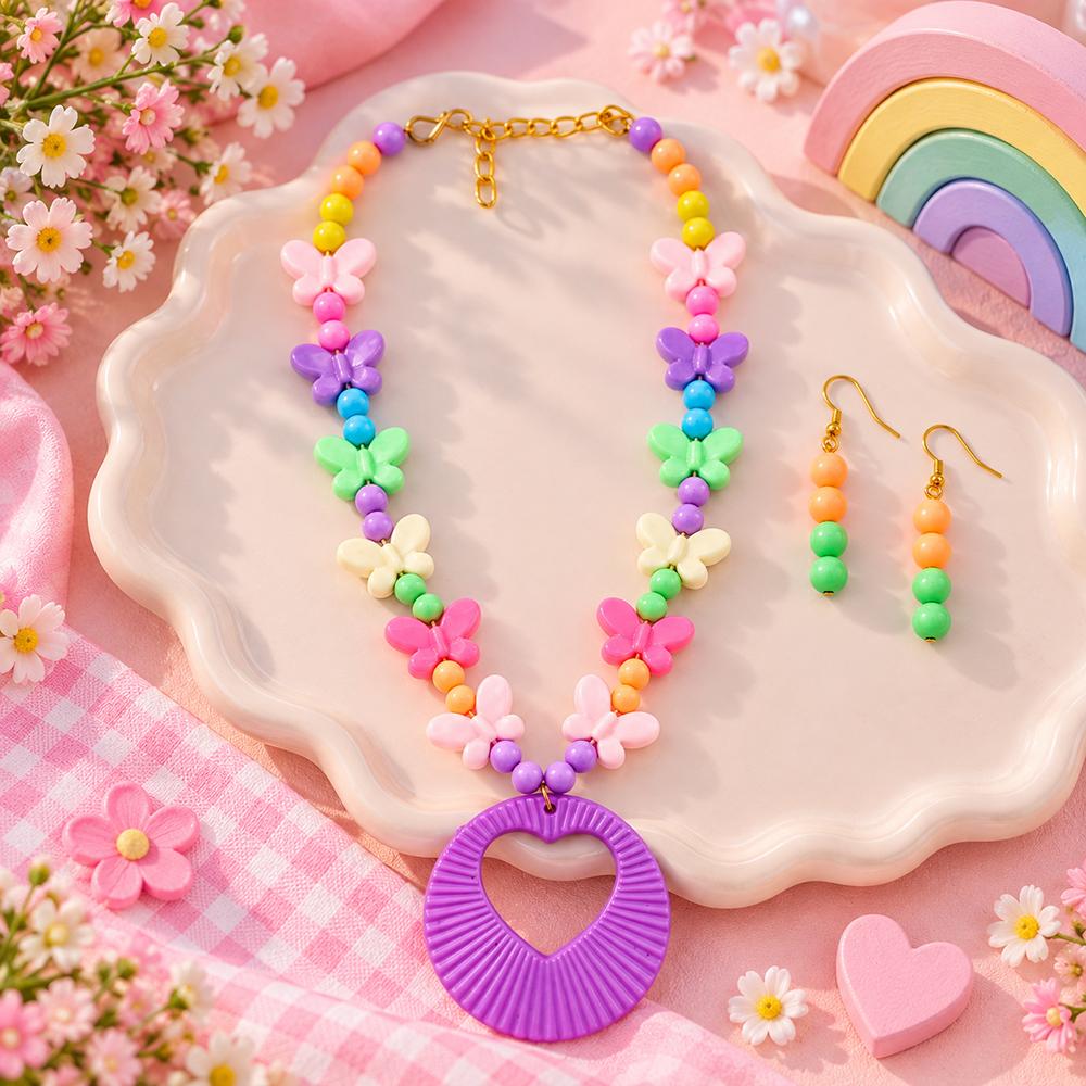 The99Jewel Kids Colourful Beaded Jewellery Set with Heart Pendant | Cute Fashion Jewellery for Girls ( Assorted Design Of Mala )