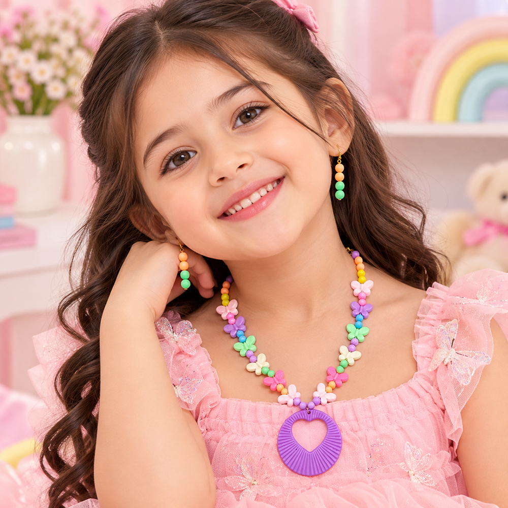 The99Jewel Kids Colourful Beaded Jewellery Set with Heart Pendant | Cute Fashion Jewellery for Girls