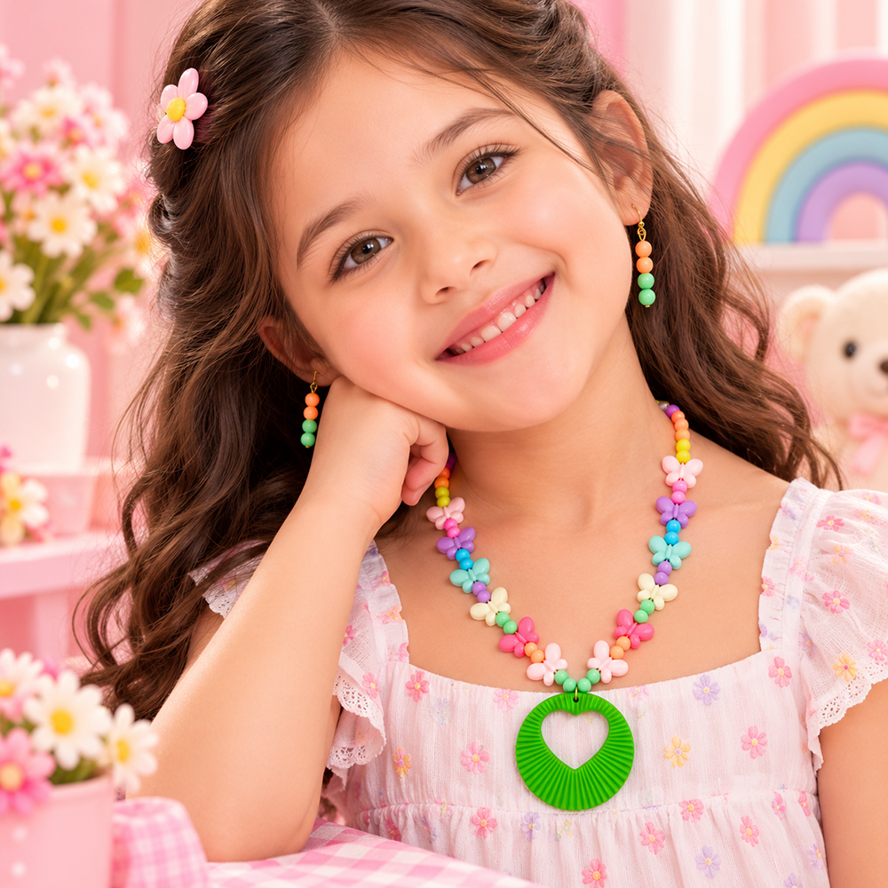 The99Jewel Kids Colourful Beaded Jewellery Set with Heart Pendant | Cute Fashion Jewellery for Girls