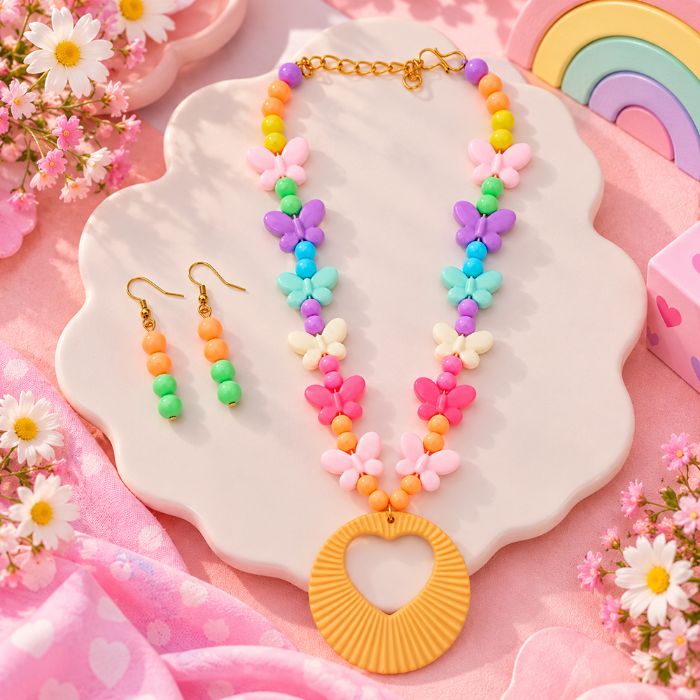 The99Jewel Kids Colourful Beaded Jewellery Set with Heart Pendant | Cute Fashion Jewellery for Girls ( Assorted Design Of Mala )
