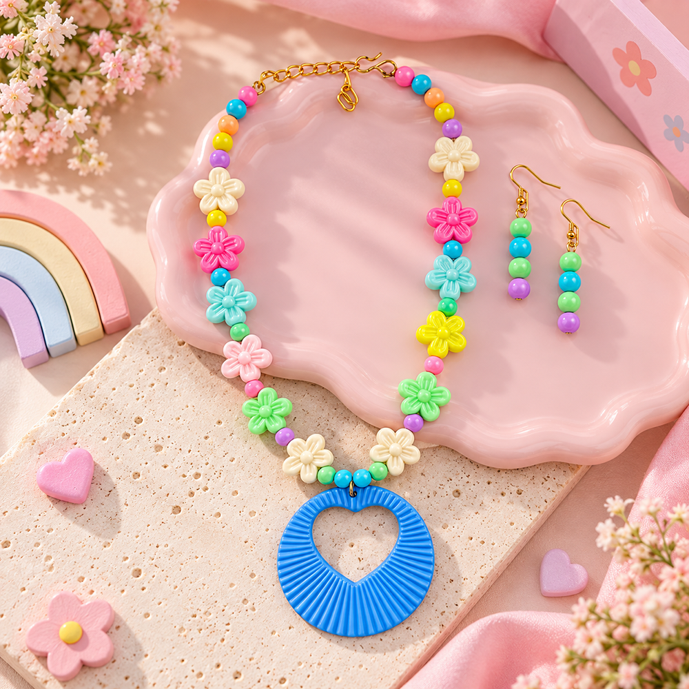 The99Jewel Kids Colourful Beaded Jewellery Set with Heart Pendant | Cute Fashion Jewellery for Girls ( Assorted Design Of Mala )