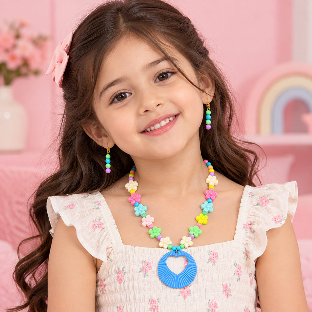 The99Jewel Kids Colourful Beaded Jewellery Set with Heart Pendant | Cute Fashion Jewellery for Girls