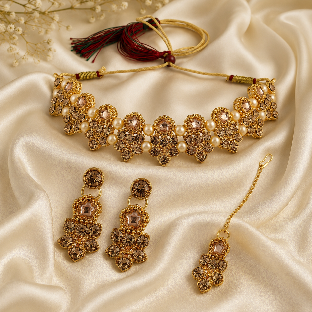 The99Jewel Wedding Special Gold Plated Crystal Stone Pearl Jewellery Set