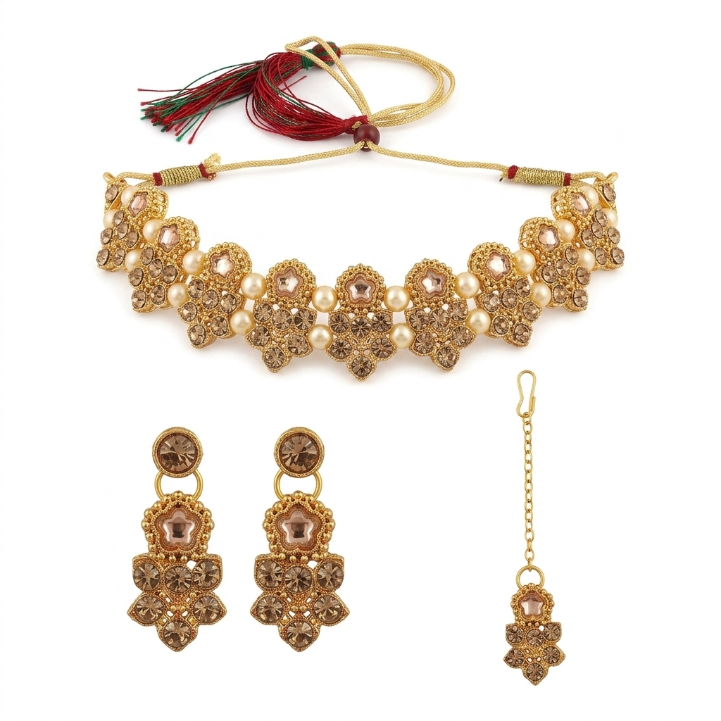 The99Jewel Wedding Special Gold Plated Crystal Stone Pearl Jewellery Set