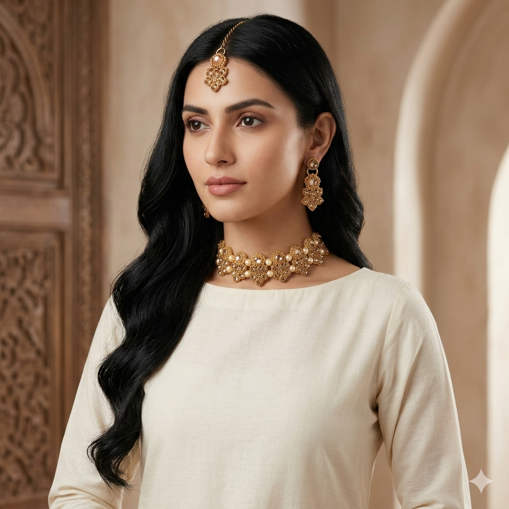 The99Jewel Wedding Special Gold Plated Crystal Stone Pearl Jewellery Set