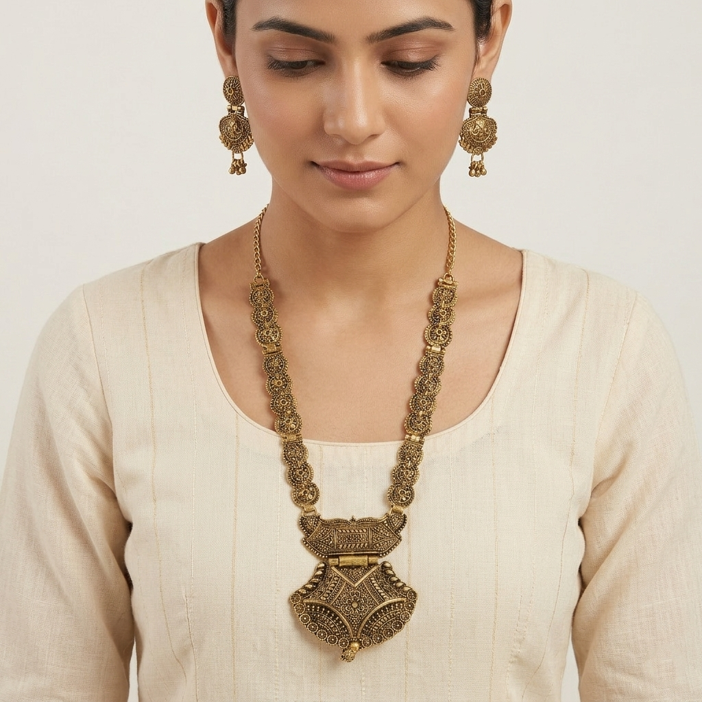 The99Jewel South Indian Style Antique Gold Plated Pearl Necklace Set