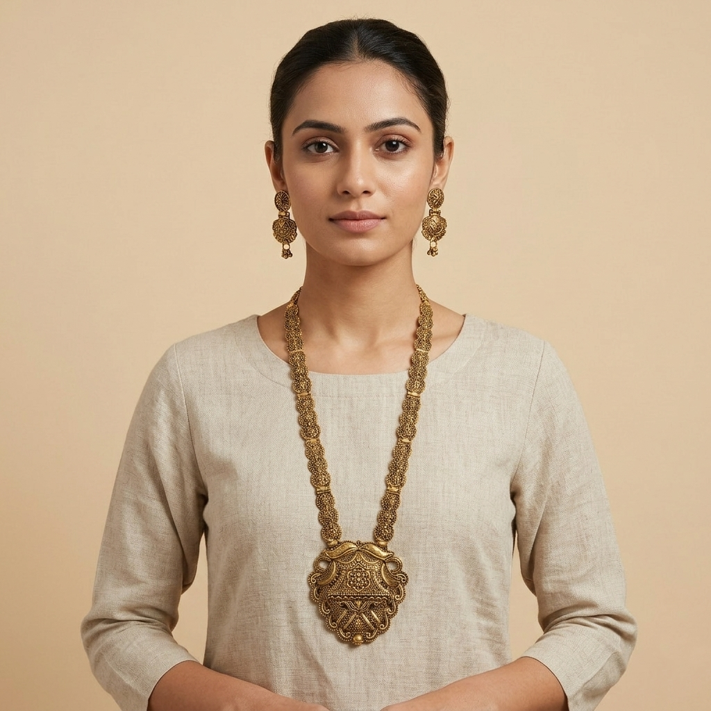 The99Jewel South Indian Style Antique Gold Plated Pearl Necklace Set