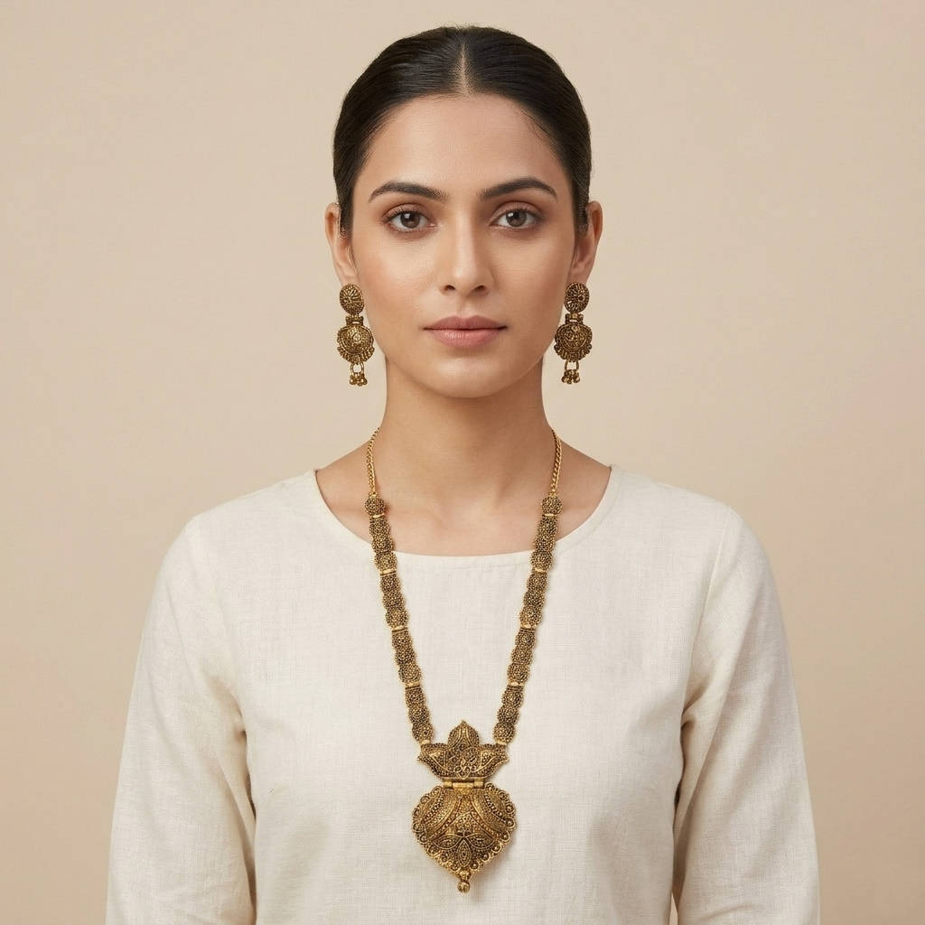 The99Jewel South Indian Style Antique Gold Plated Pearl Necklace Set