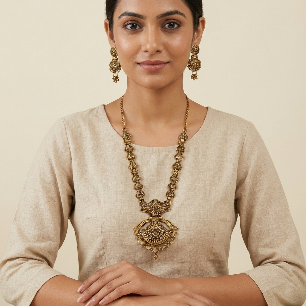 The99Jewel South Indian Style Antique Gold Plated Pearl Necklace Set