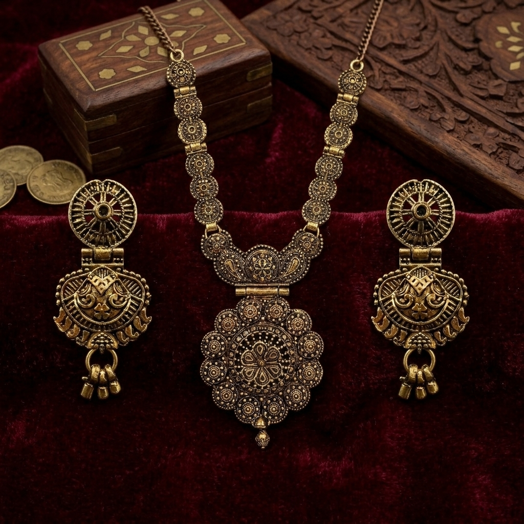 The99Jewel South Indian Style Antique Gold Plated Pearl Necklace Set  