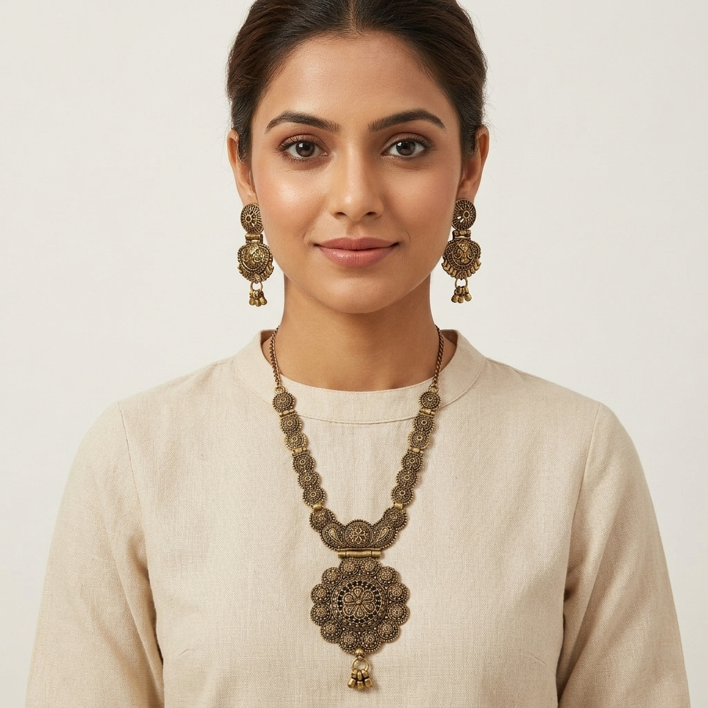 The99Jewel South Indian Style Antique Gold Plated Pearl Necklace Set