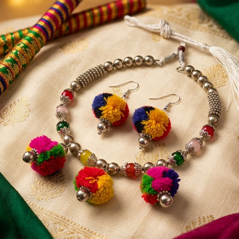 The99Jewel Traditional Oxidised Silver Tone Pom Pom Necklace Set for women